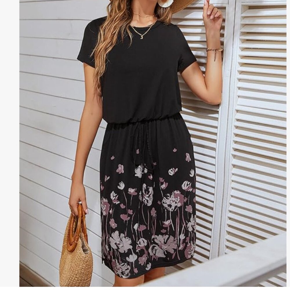 Simier Fariry Black Floral Fairy Short Sleeve Dress: XL